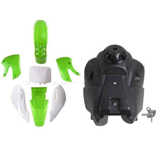 Green plastic fenders + fuel tank suitable for Kawasaki KLX110, DRZ110, KX65, RM65 Pit