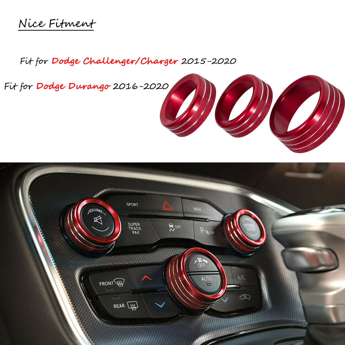 3pcs RED AC Radio Switch Trim Ring Knob Cover for Dodge for Challenger /Charger 15-20
