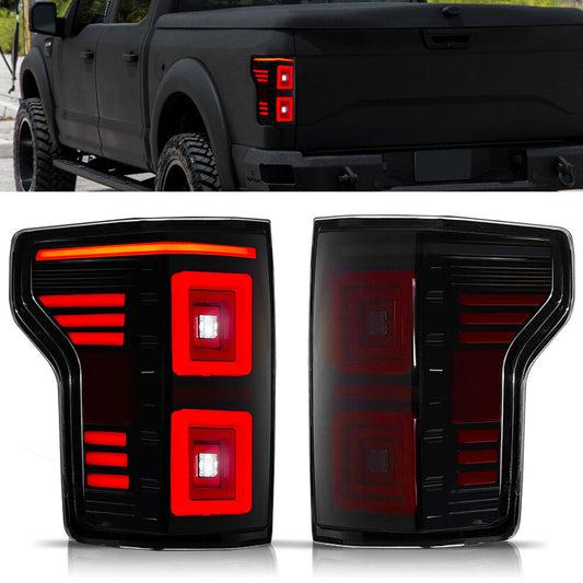 A pair of smoke-style LED taillights with sequential turn signals for the for Ford F-150 2015-2020.