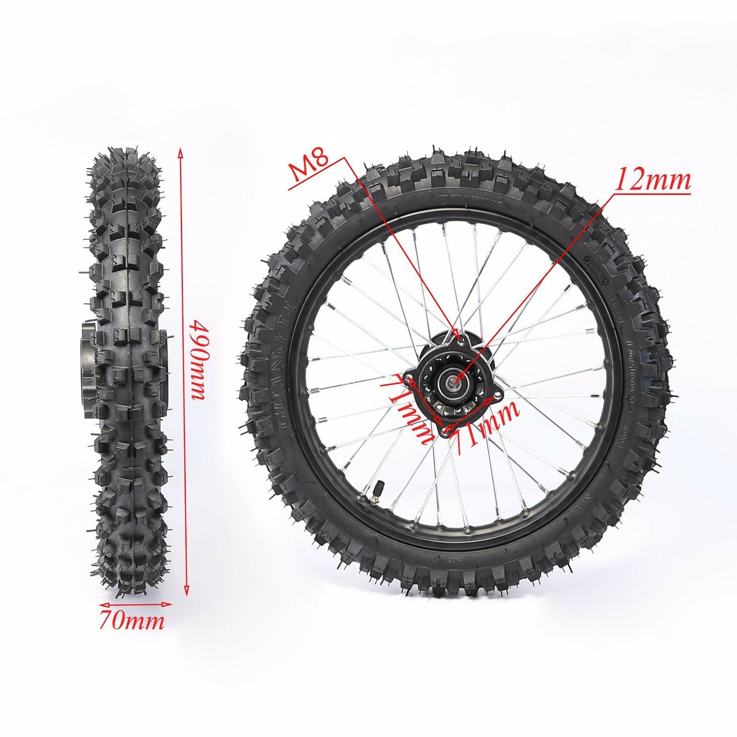 12mm 14-inch front wheel with 60/100-14 tire and rim suitable for Taodao SSR 125cc/110cc pit cross-country bike.