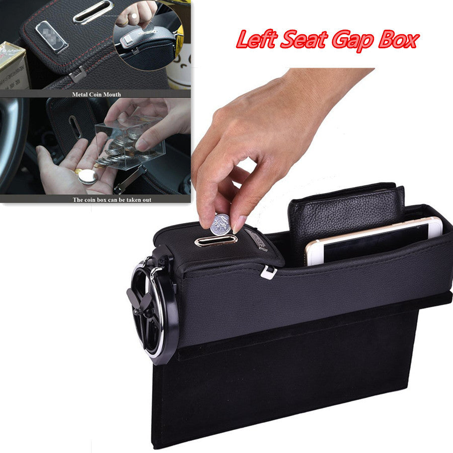 Black PU Car Left for Seat Storage Box Catcher Gap Filler Coin Collector Cup Holder