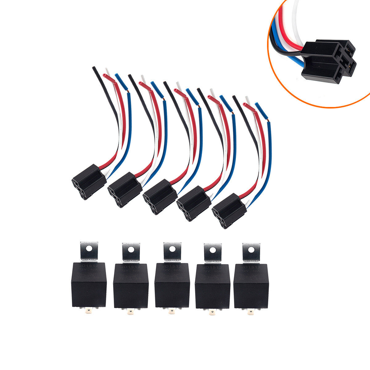 NEW 5PCS 12V 40A 5-pin SPDT Automotive Relay with Wires Harness Socket set