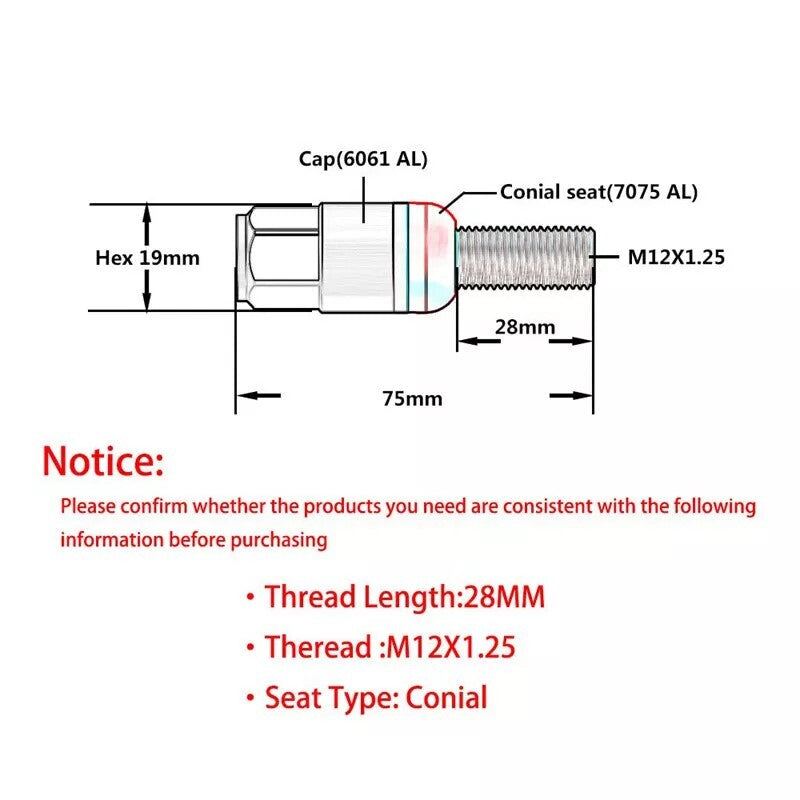 20-pack 28mm M12x1.25 wheel lug bolts with tapered for seat studs for Jeep for Chrysler for Dodge purple
