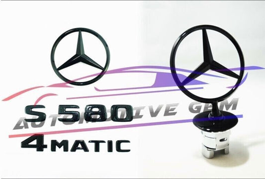 S580 4MATIC Rear Star Badge Gloss Black Badge Logo Hood Trim W223 Sedan