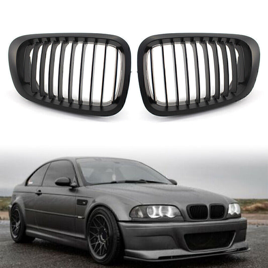 Front Kidney Bumper Grille Single Slat Matte Black for BMW 3 Series E46 Coupe