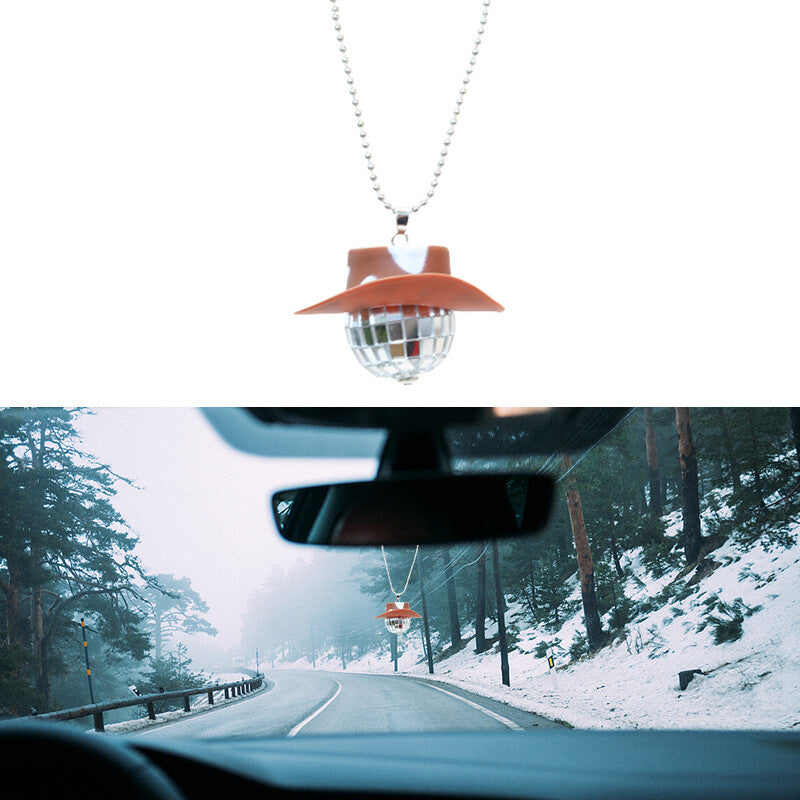 Cowboy Hat Disco Ball Car Ornamen Rearview Mirror Hanging Acessory Cow Brown