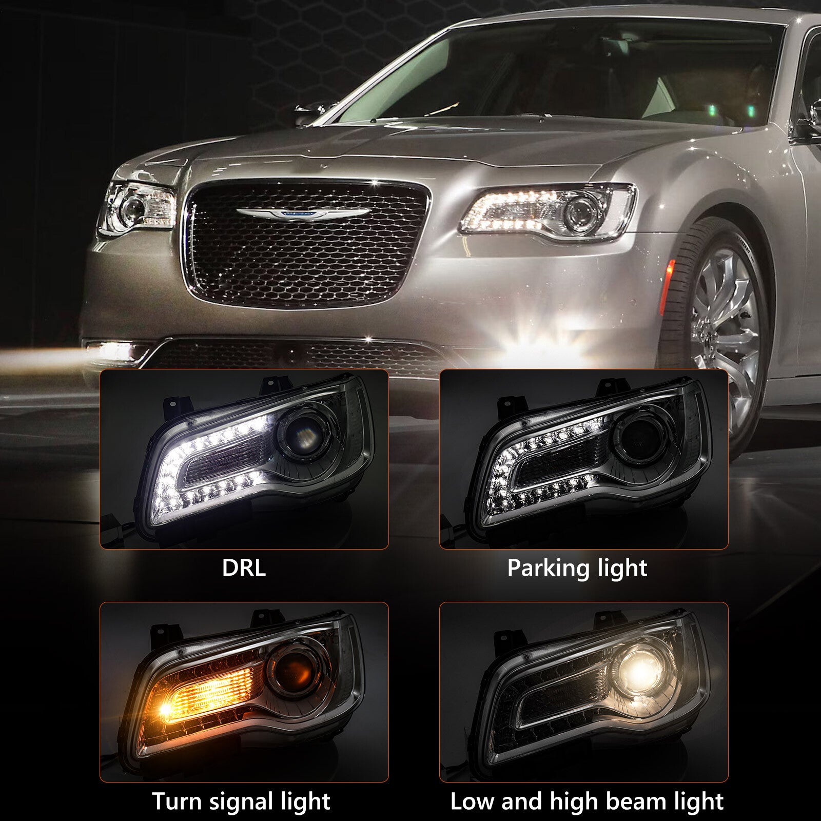 2015 - 2023 for Chrysler 300 Chromium Halogen LED DRL Projector Headlight (LH)