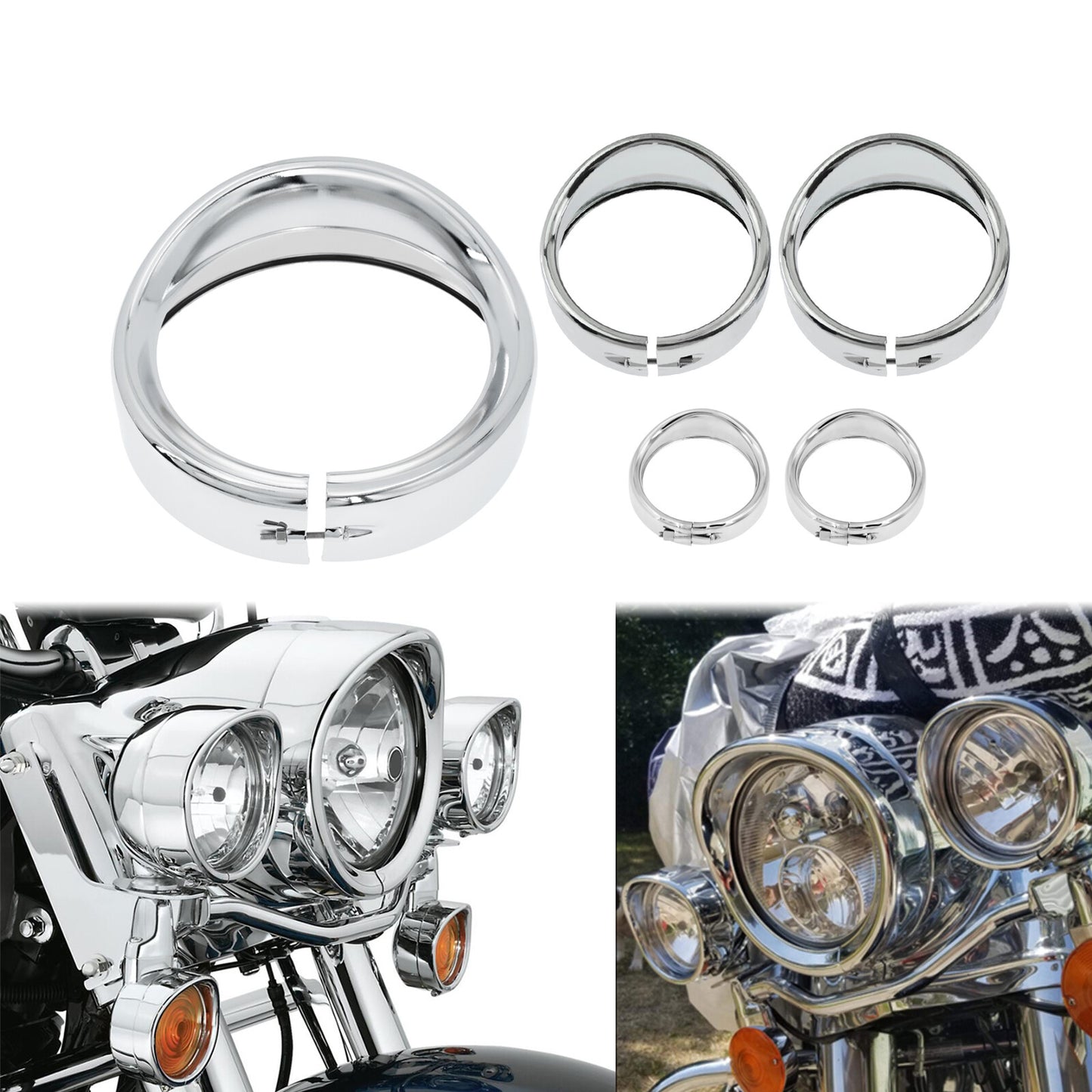Chrome 7 Headlight 4.5Fog Light Visor Turn Signal Trim Ring for Harley Touring