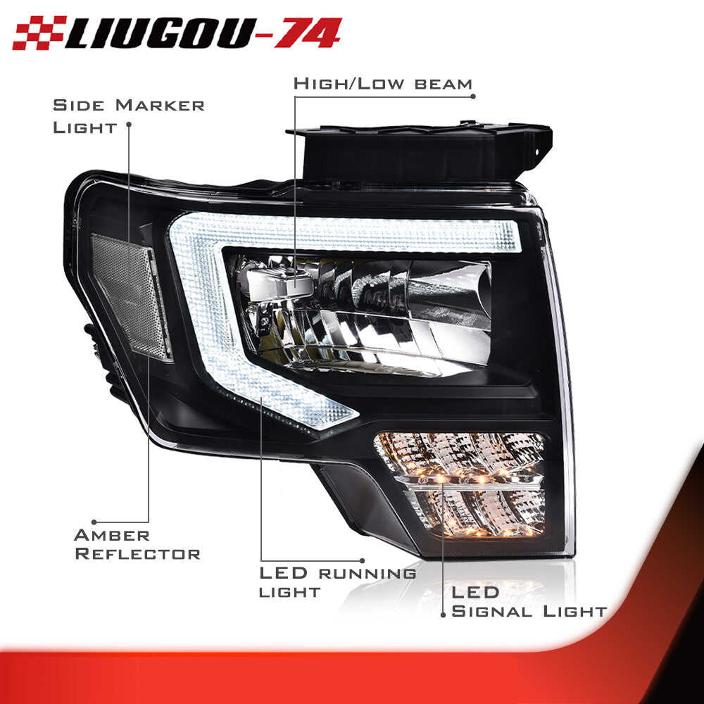 LED tube DRL projector headlight, black, suitable for 2009-2014 for Ford F150.