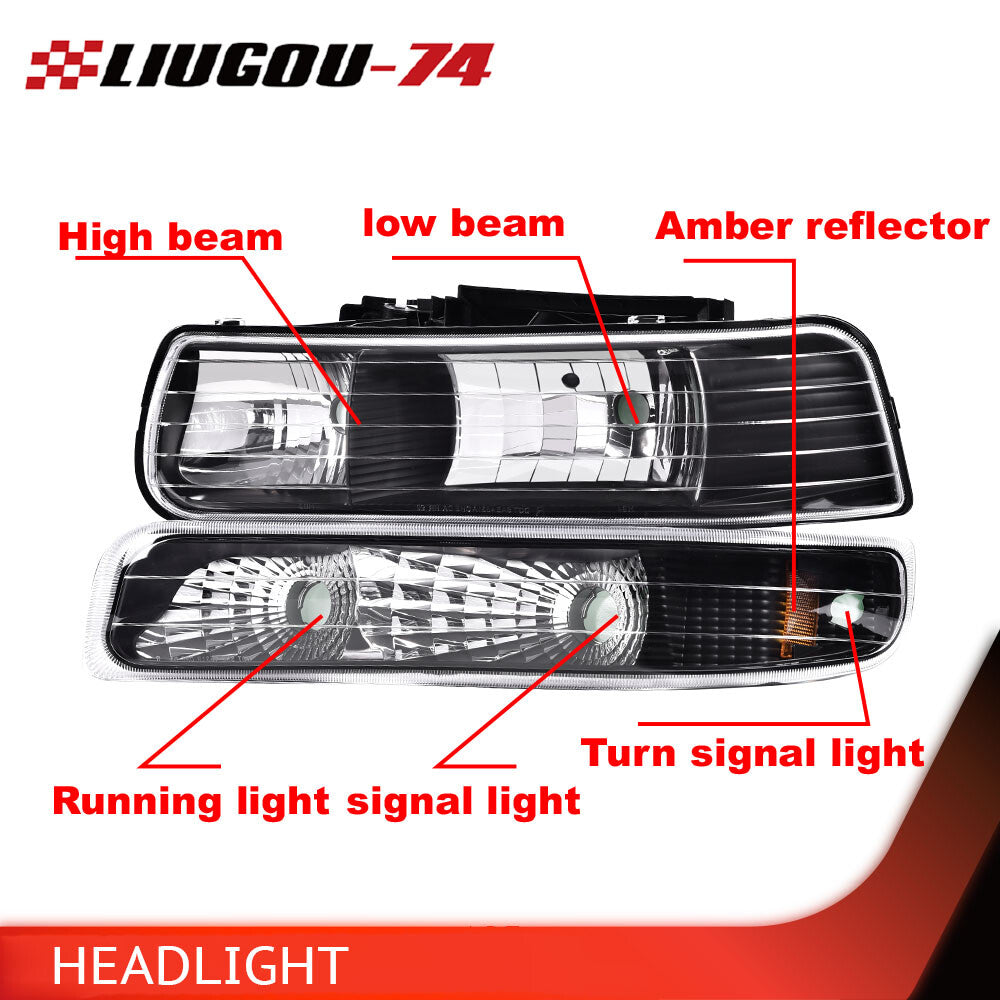 Suitable for 99-02 for Chevrolet Silverado Amber Corner Headlights and Anti-collision Lights with Black Housings