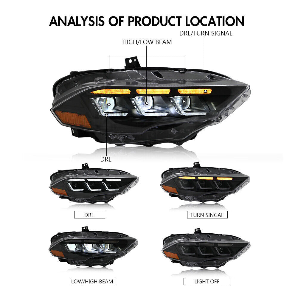Suitable for Ford for Mustang 2018-2023, pair of LED headlight assemblies with daytime running lights.