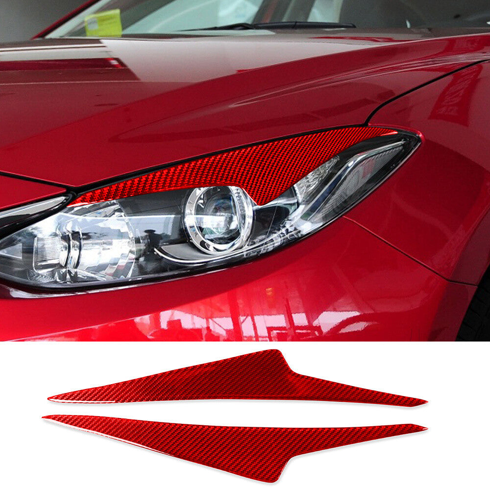 Red Carbon Fiber Front Headlight Eyelid Eyebrow Trim for Mazda 3 Axela 2014-2016