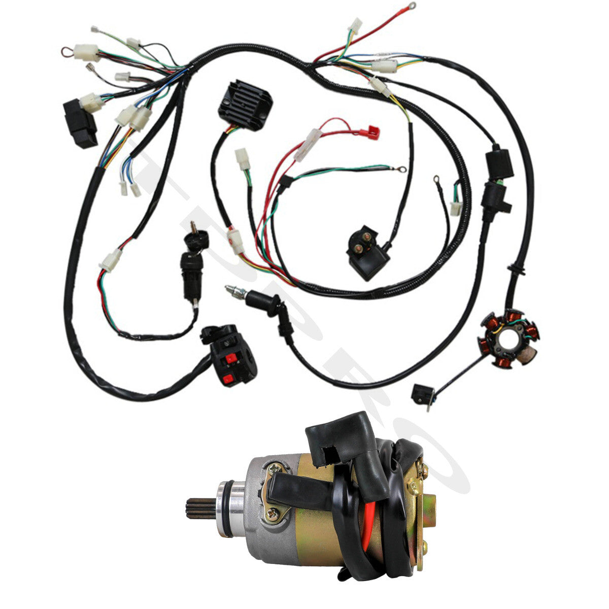 Wiring harness, electric starter motor, GY6, 125cc/150cc, go-kart/all-terrain vehicle, four-cooler.