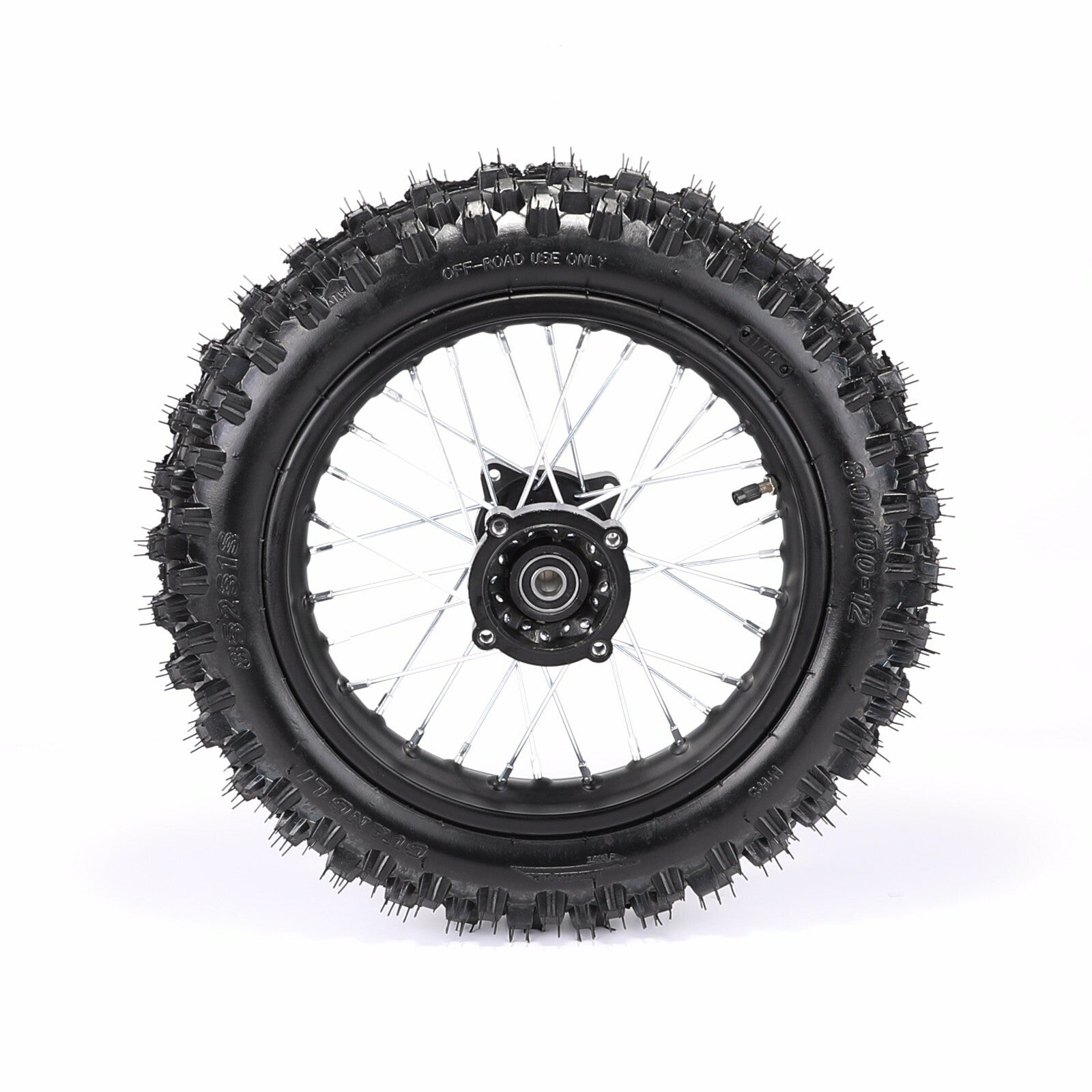 12-inch rear wheel with 80/100-12 tire and rim suitable for Dirt Pit SSR bicycles 70cc, 110cc, and 125cc Atomik