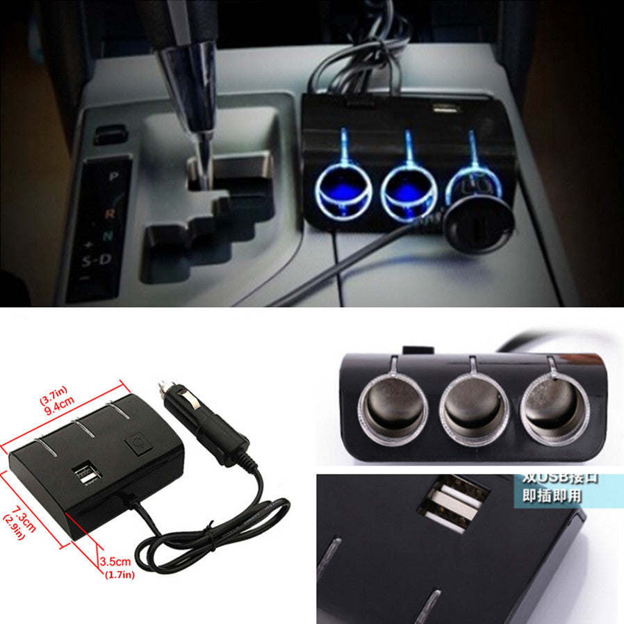 Black Car Dual USB Port 3 Way Cigar Lighter Charger Socket Adapter Phones Tablet