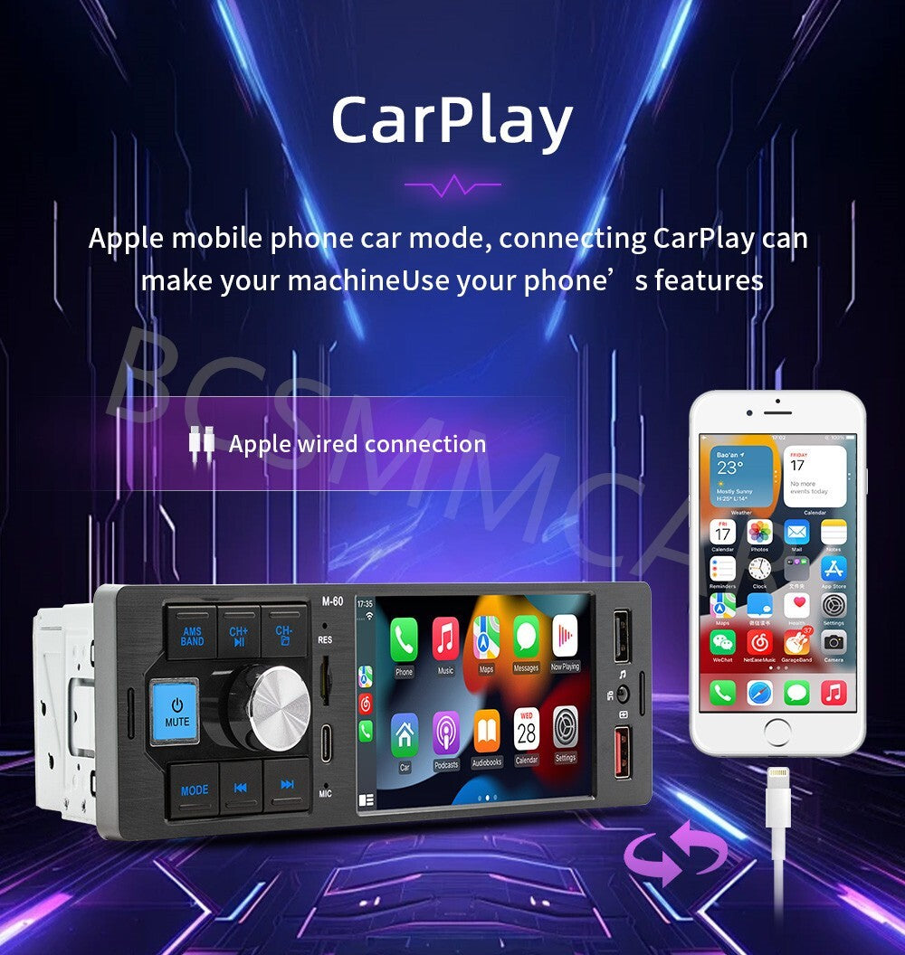 4.1in 1 Din Touch Screen Car Stereo Radio Player For CarPlay Android Auto Camera