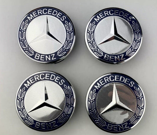 4-piece set of dark blue for Mercedes-Benz alloy wheel center caps, 75mm badges, and wheel emblems.