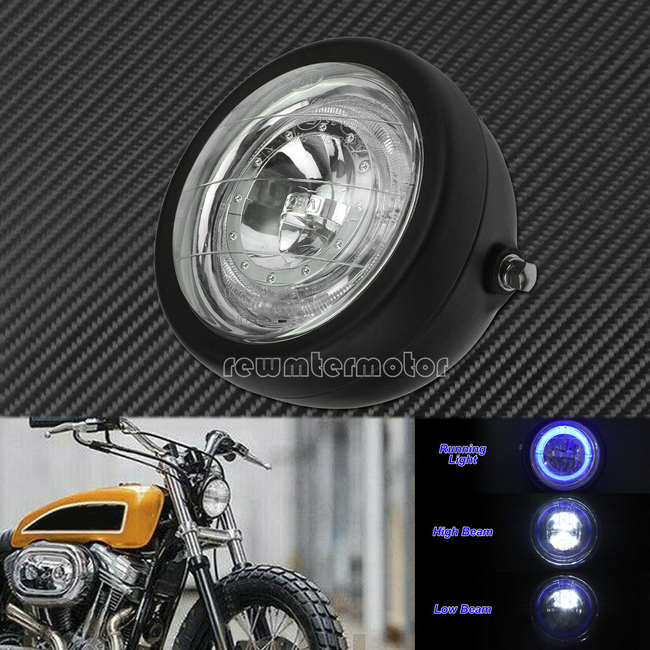 6.5 Front Headlight Grill Blue Halo Lamp Fit for Harley Sportster Cafe Racer