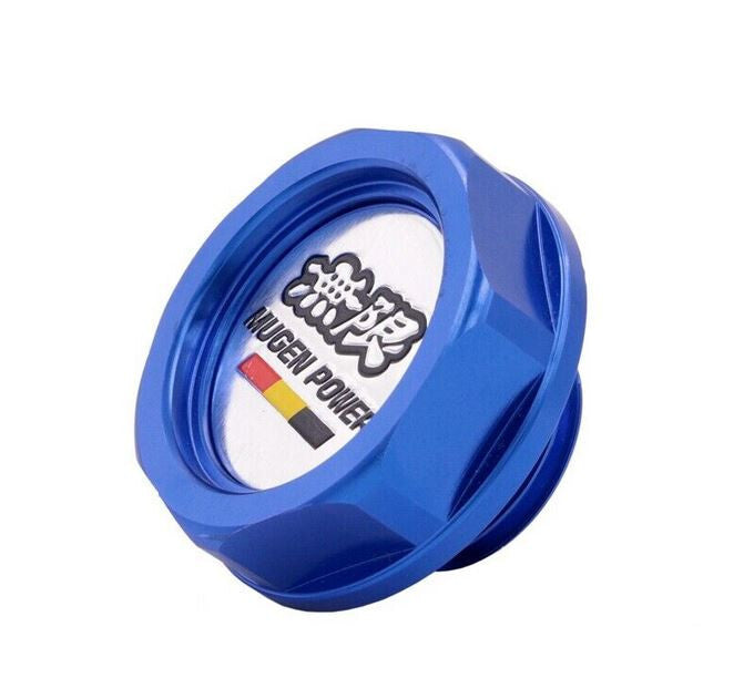 Blue and silver engine oil filler caps for JDM Mugen engines, suitable for Honda for Civic,Accord, and CRX.