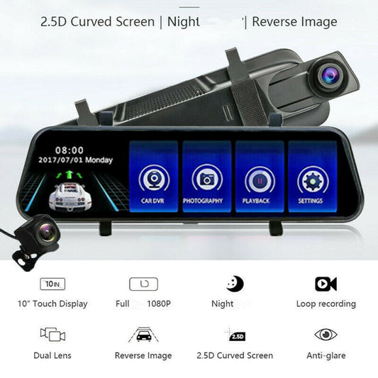 Car 10in Touch Screen Video Recorder Rear View Camera Mirror DVR Dash Cam