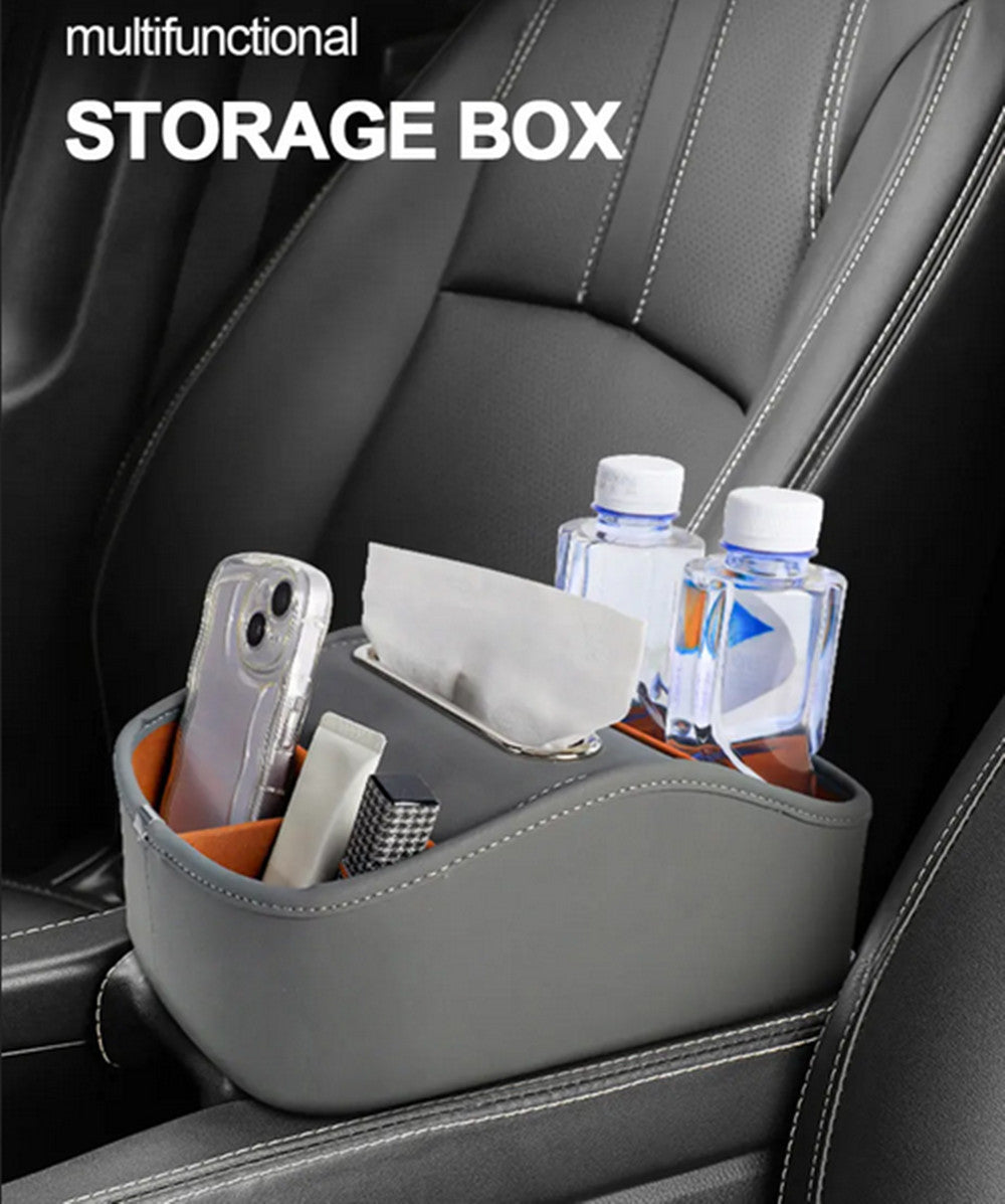 Car Organizer Tissue Holder Gray Leather Center Console Storage Box Cup Holder
