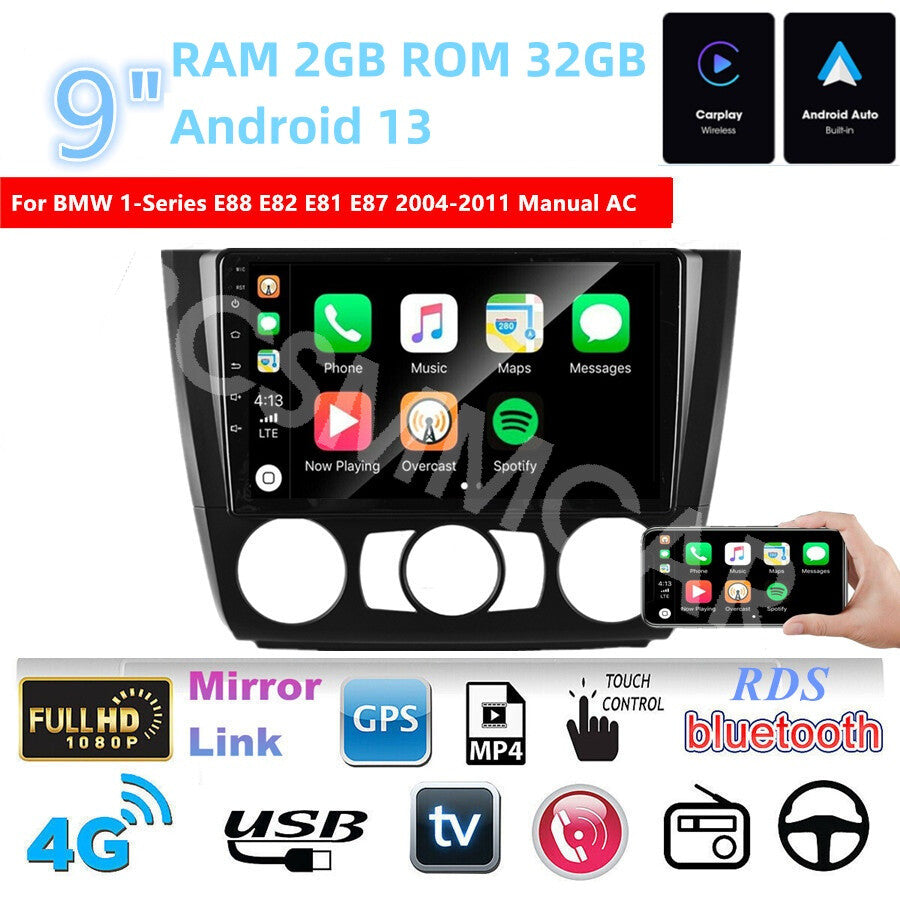 9in Android 13 Car Stereo GPS For CarPlay Fit for BMW 1 Series E88 E82 2004-2011