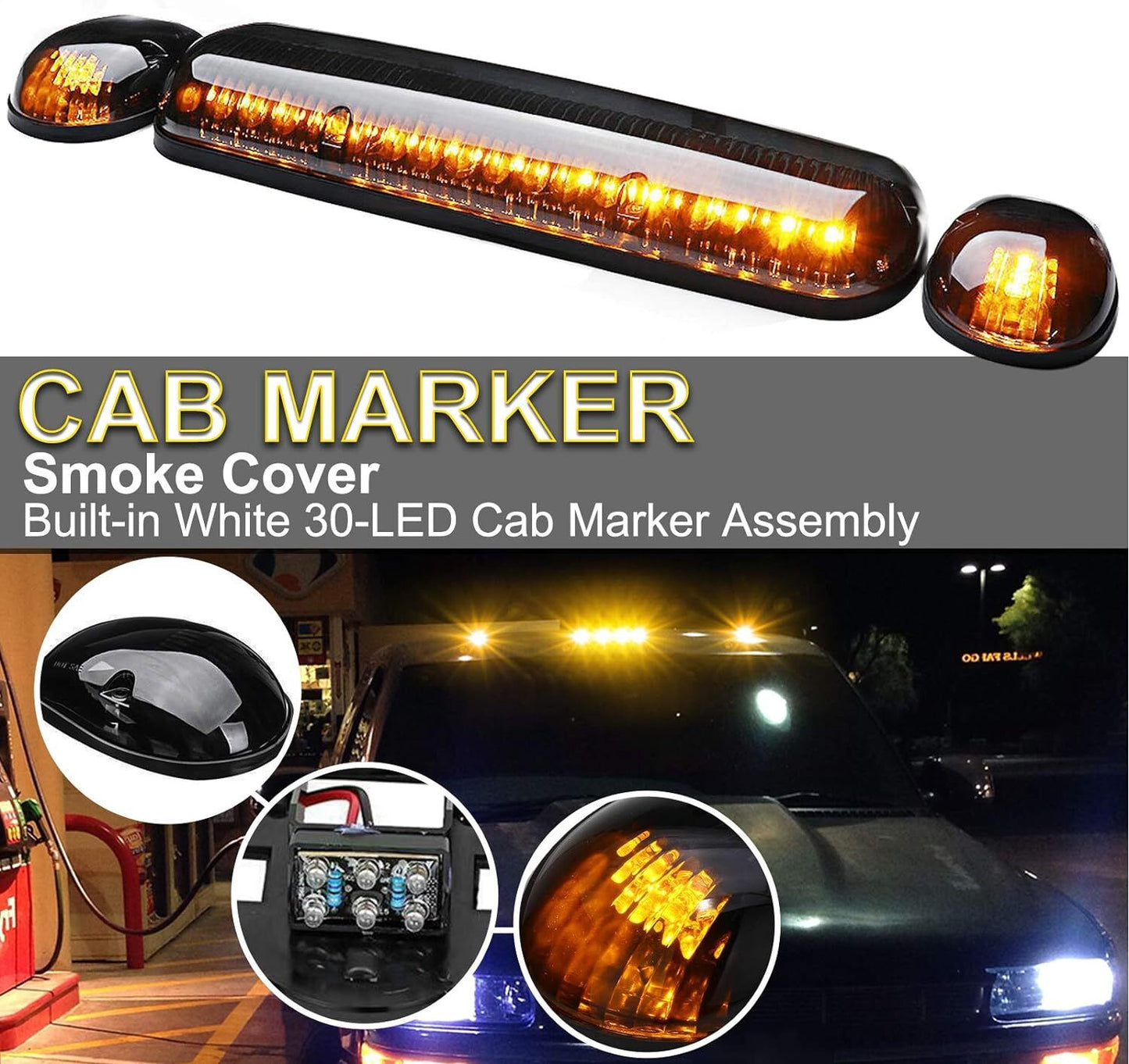 3x Smoke Lens Amber LED Cab Roof Top Marker Light for Chevy Silverado 1500 2500
