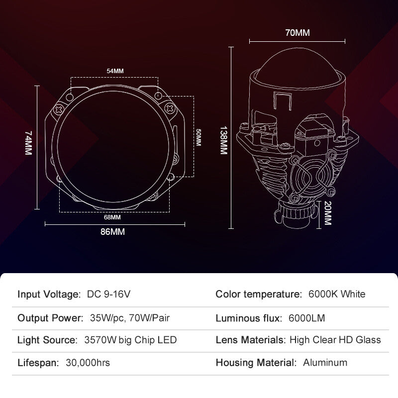 LHD 2.5'' Bi LED Headlight Projector Lens Hi/Lo 70W Retrofit Universal VS Xenon