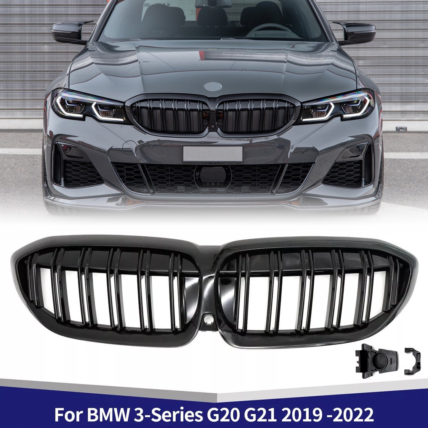 for BMW G20 G21 3-Series 330i 2019 -2022 Front Bumper Kidney Grille Gloss Black