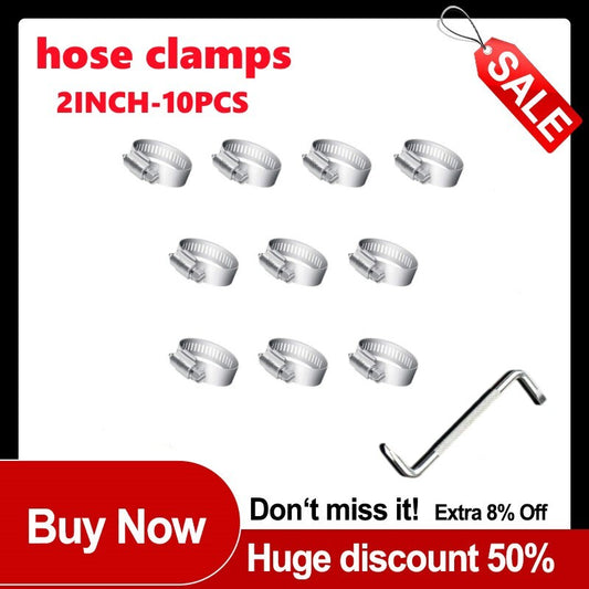 10-piece pack of stainless steel adjustable worm gear hose clamps, 27-51 mm range.