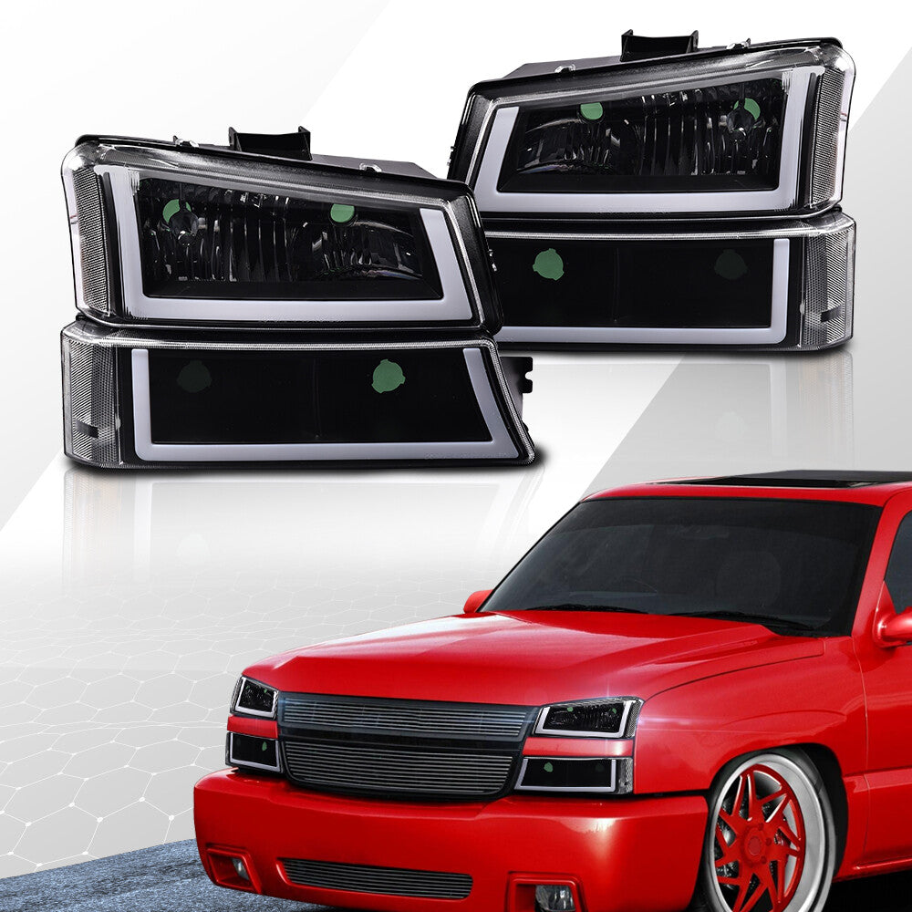 Black housing LED DRL headlights with transparent signal bumper suitable for 2003-2007 Silverado.