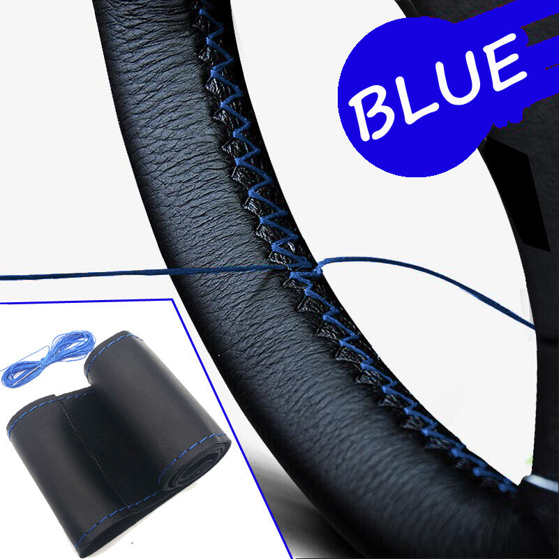 15 38cm Blue Car Hand Sew Steering Wheel Cover DIY GENUINE Leather Non Slip Mat