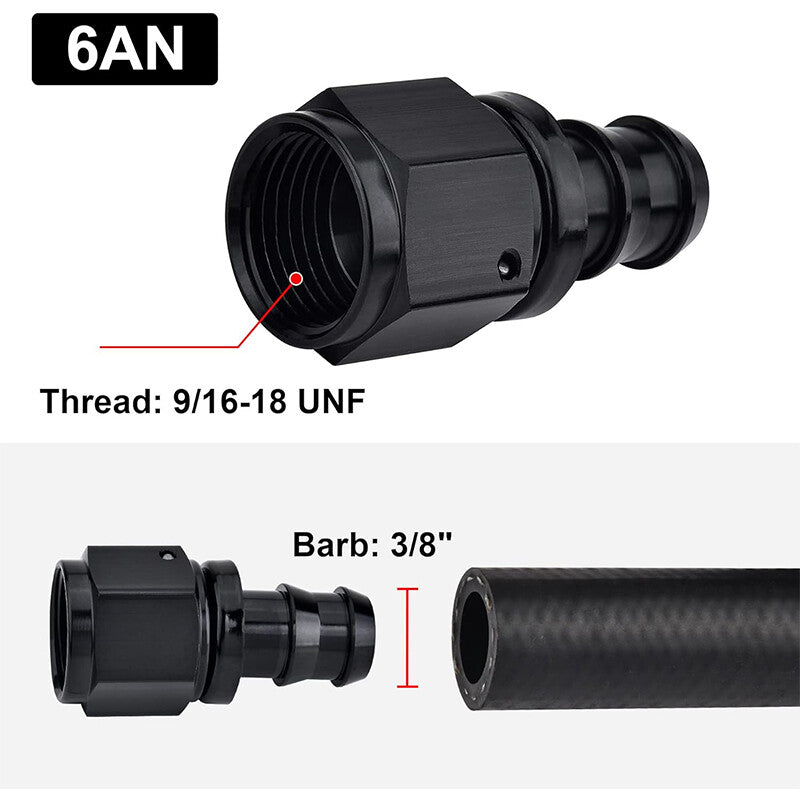6AN AN6 Straight Push-On Hose End Fittings/Adapters Push Lock Barb Black