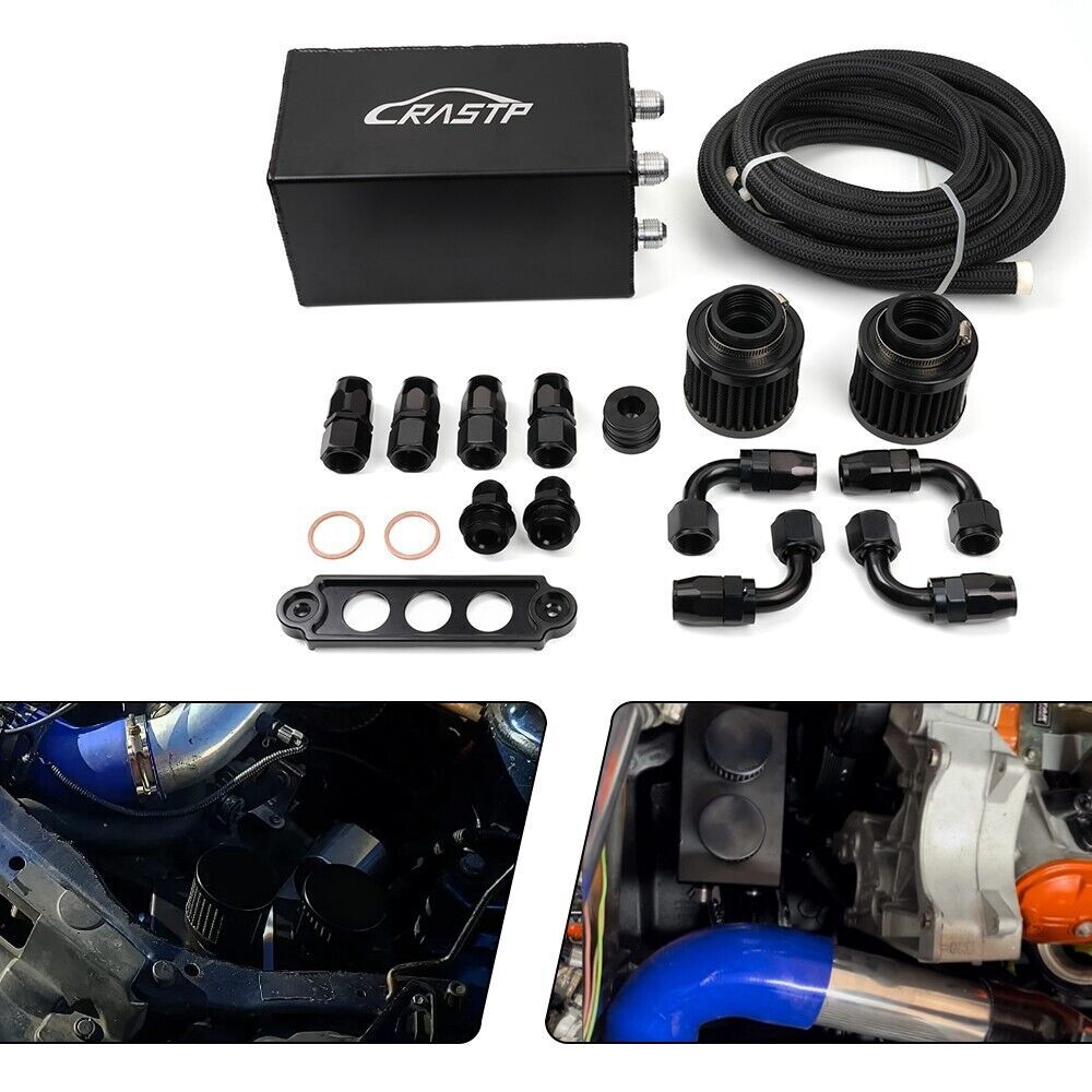 AN10 Oil Catch Can Reservoir Tank w Dual Breather Filter Baffled Tank Kit 4 Port