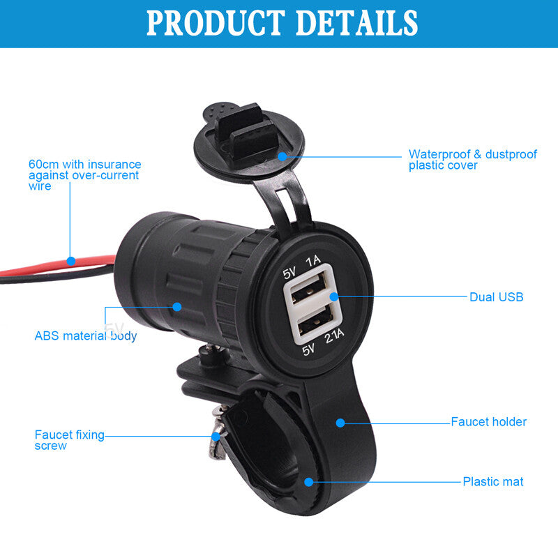 12V/24V Waterproof Motorcycle Dual USB Power Charger Socket on Handlebar for Seat