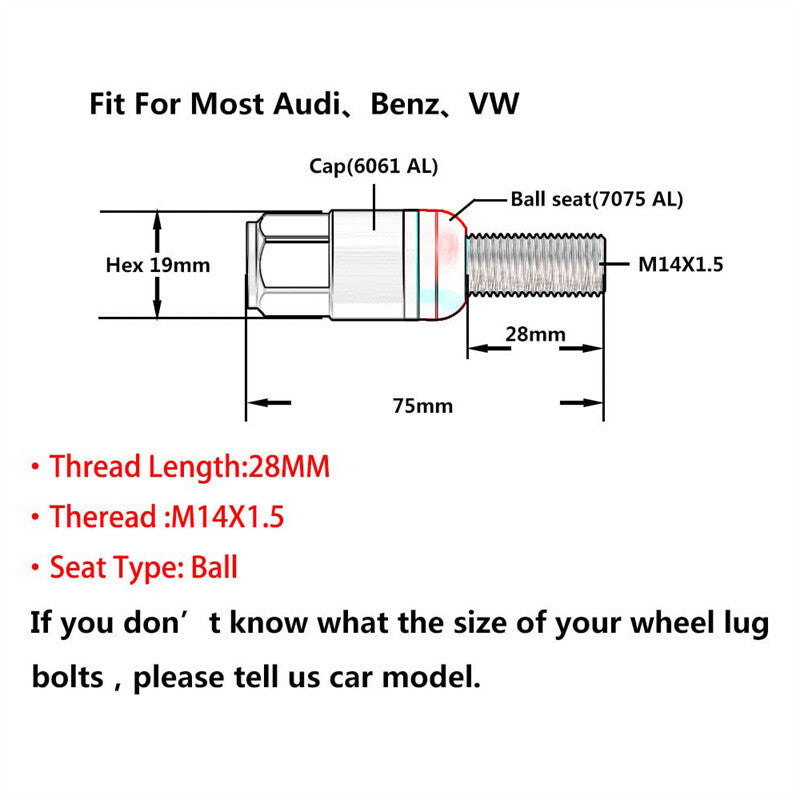 20-piece gold M14x1.5 wheel cam bolt ball for seat stud set, 28mm shank, suitable for Audi , for Volkswagen , for Mercedes-Benz .