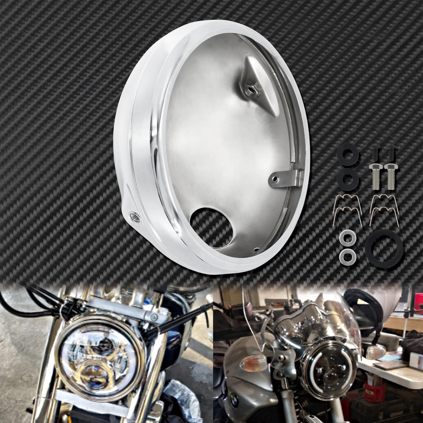 7 Chrome Headlight Housing Cover Light Bulb Bucket Shell Fit for Harley Dyna