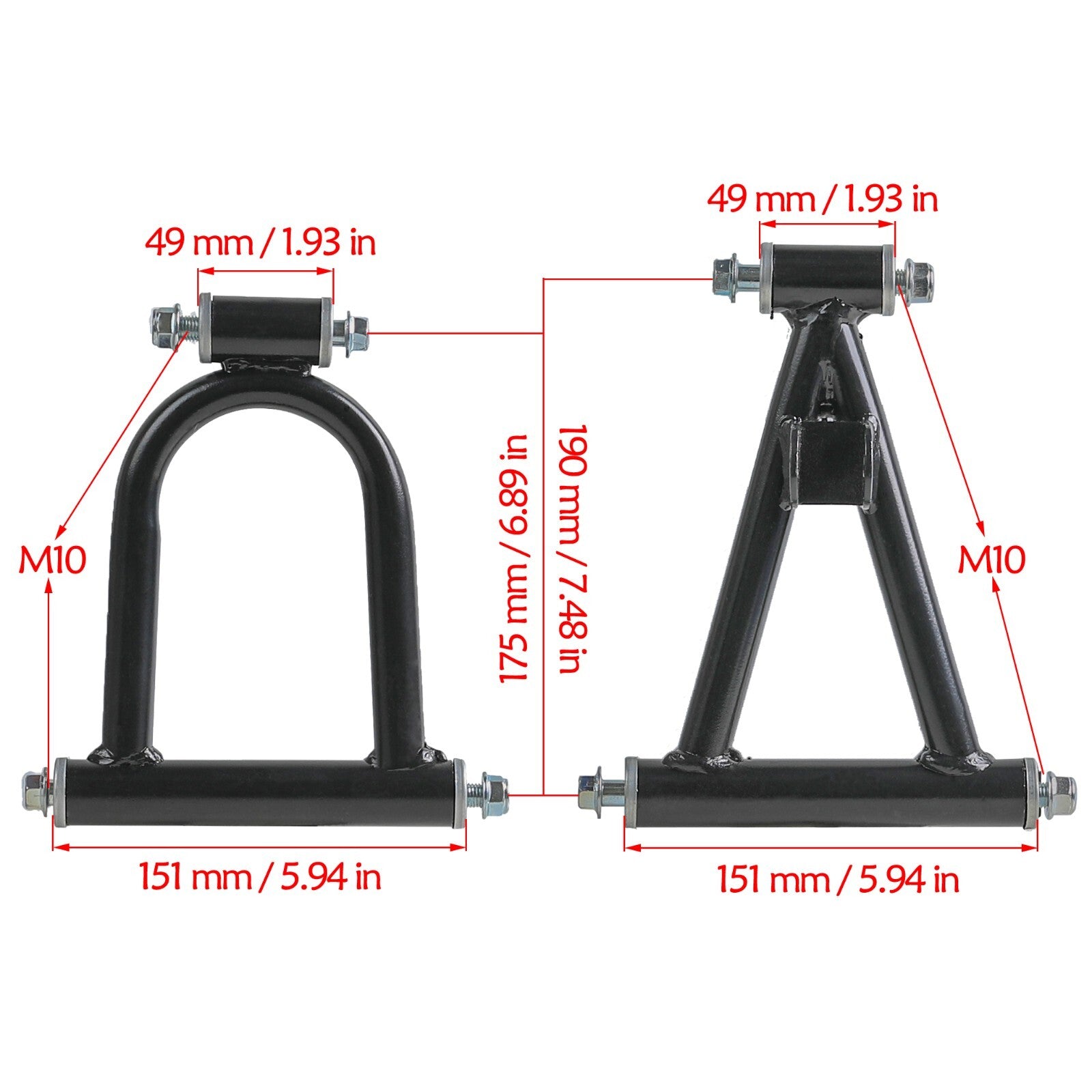 Front suspension arm kit upper/lower control arms for four-wheeled bicycles, all-terrain vehicles, and go-karts.