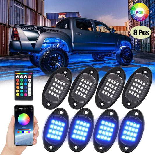 8 Pod RGB LED Rock Lights Kit Offroad Truck ATV Underbody Neon Music Bluetooth