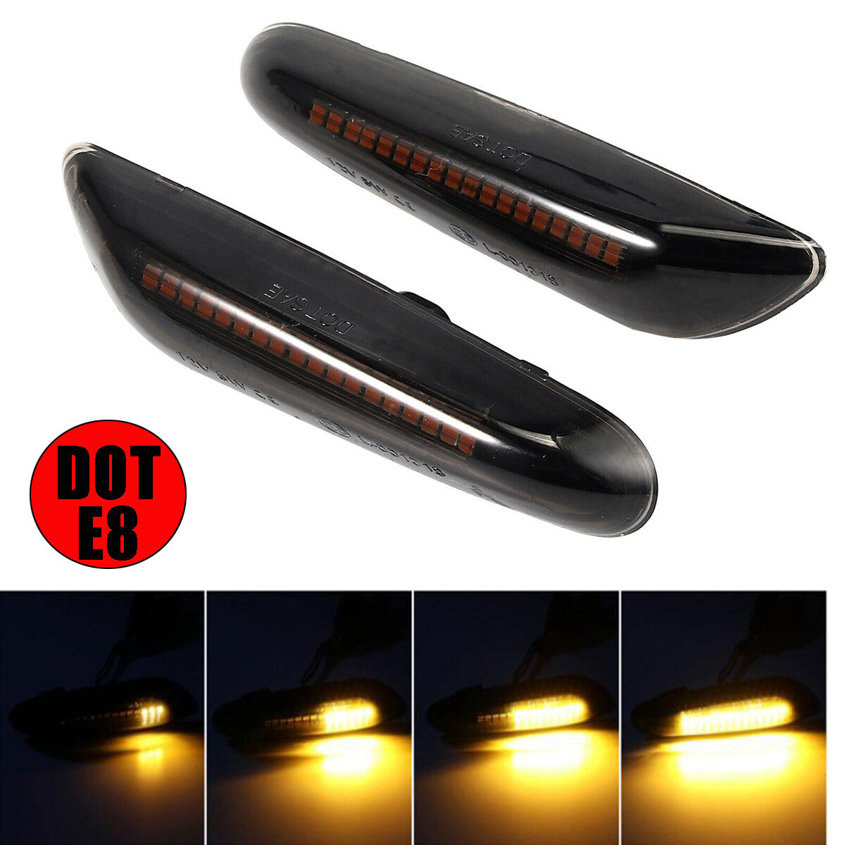 A pair of LED side marker lights with dynamic turn signals are suitable for BMW E90, E91, E92, E93, E46, and E60.