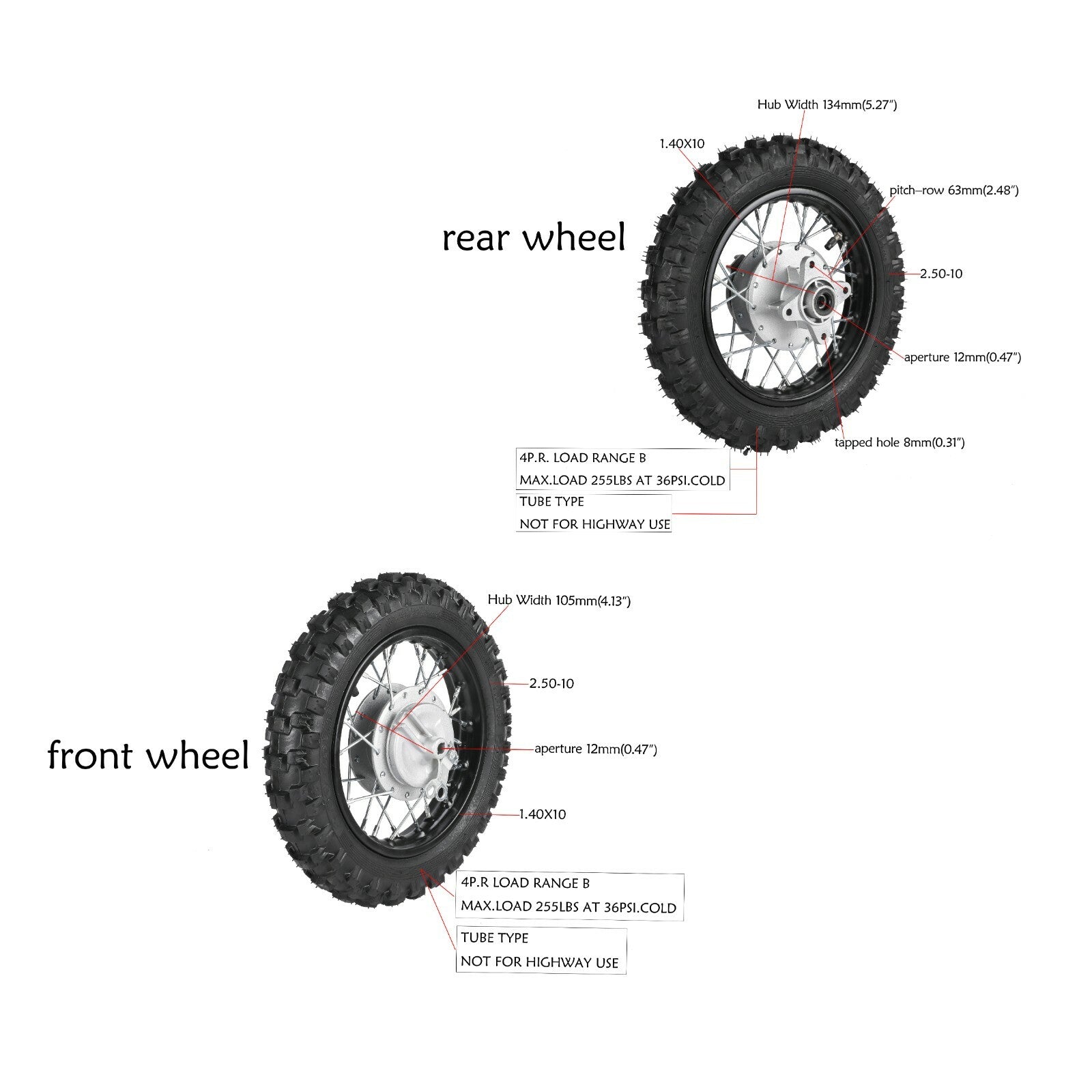 12mm Front Rear 10 Wheels 2.50-10 Tyre  Rim + Sprocket for Honda CRF50 TTR50