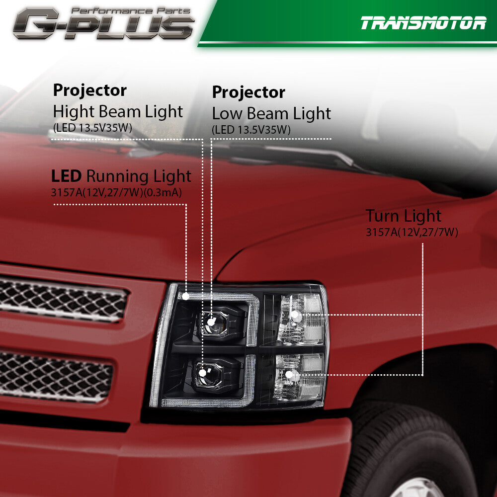 Suitable for 2007-2013 for Chevrolet Silverado 1500/2500 Black/Transparent LED DRL Headlights