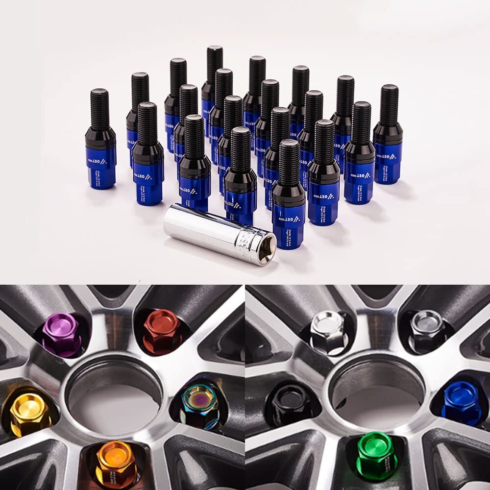 20-piece set of blue M14x1.25 wheel lug bolts, 28mm shank tapered for seat forged studs for BMW