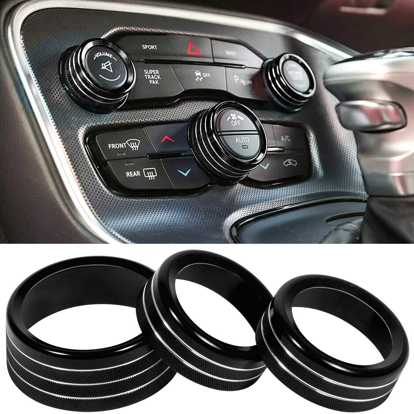 3pcs BLACK AC Switch Volume Button Trim Ring Knob Covers for Dodge for Ram 2013-2018