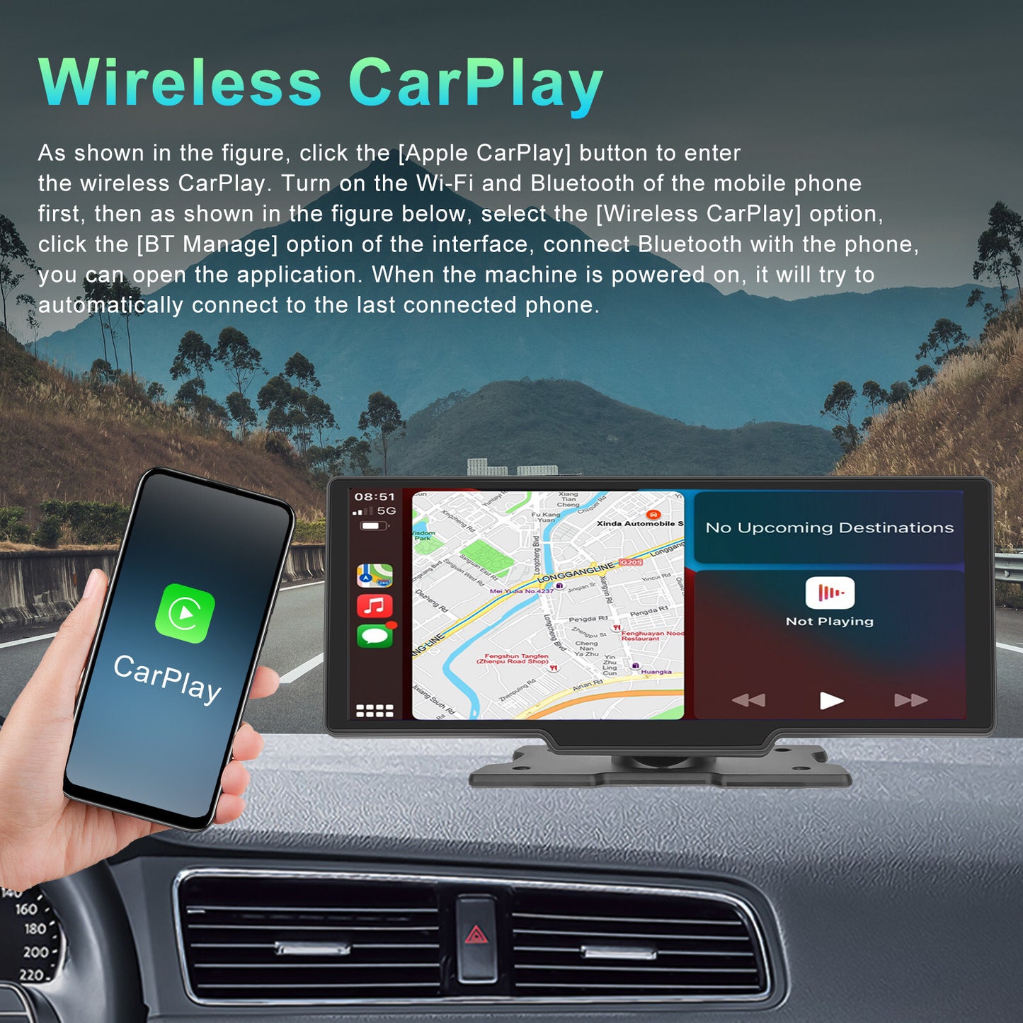 10.26in Car Stereo Bluetooth FM AUX Radio Player For Apple Carplay Android Auto