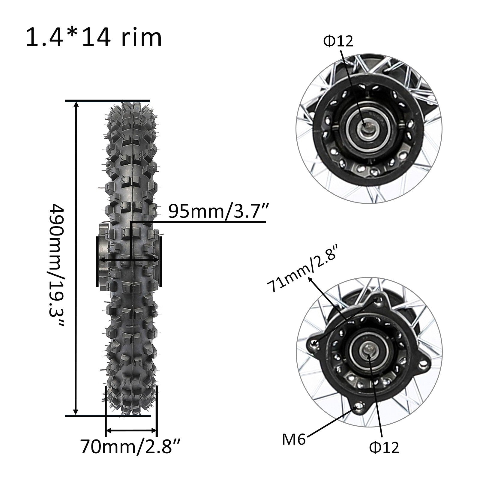 60/100-14 12 mm tire rim front wheel suitable for 125cc and 110cc professional bicycles - Taotao Pit Dirt