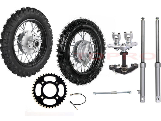 CRF50 front and rear wheels 2.5-10 tires, rims, drum brake kit, front fork, Dirt Pit bicycle