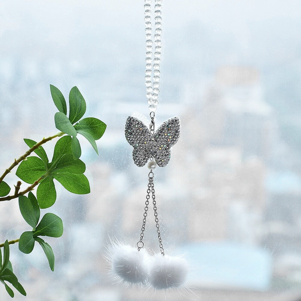 Bling Butterfly Car Hanging Decor Shiny Diamond Car Rear View Mirror Charm White