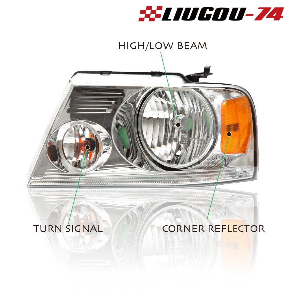 2-piece headlight assembly for 04-08 for Ford F-150 F150 Chrome House Amber Side U