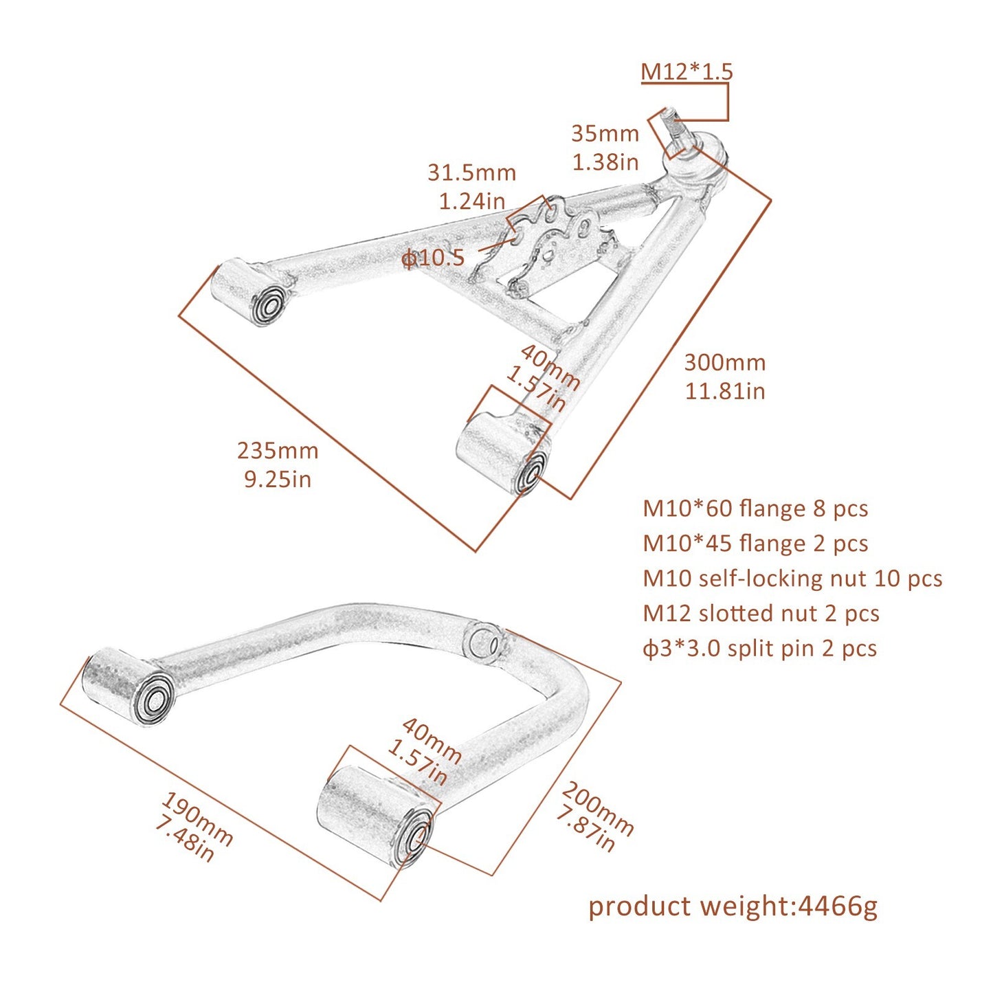 Front shock absorbers with upper and lower impact control arms, flanges, and wheels suitable for all-terrain vehicles, go-karts, and off-road vehicles.
